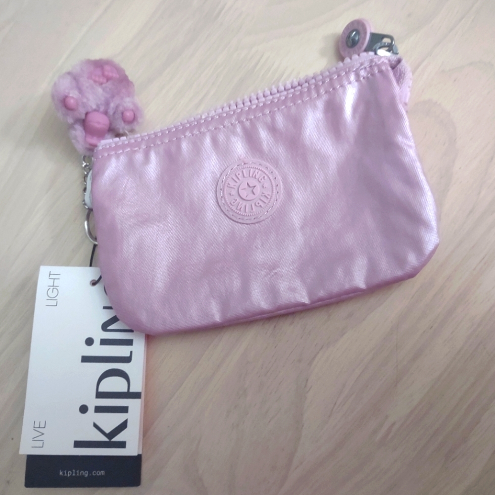 Kipling Y2K Shimmer Pink Gorilla Keychain Accessory Zipper Pouch Kawaii